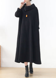 Black Turtleneck Pockets Cotton Maxi Dress Long Sleeve