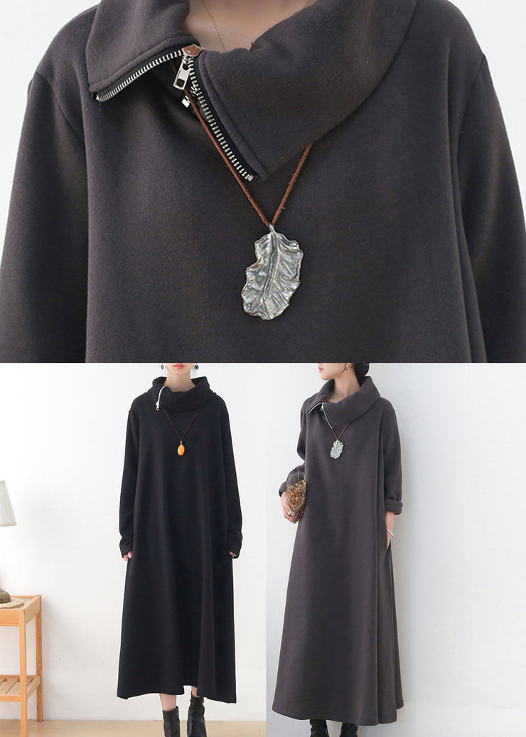 Black Turtleneck Pockets Cotton Maxi Dress Long Sleeve