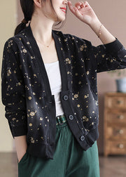 Black V Neck Button Cotton Denim Coats Long Sleeve