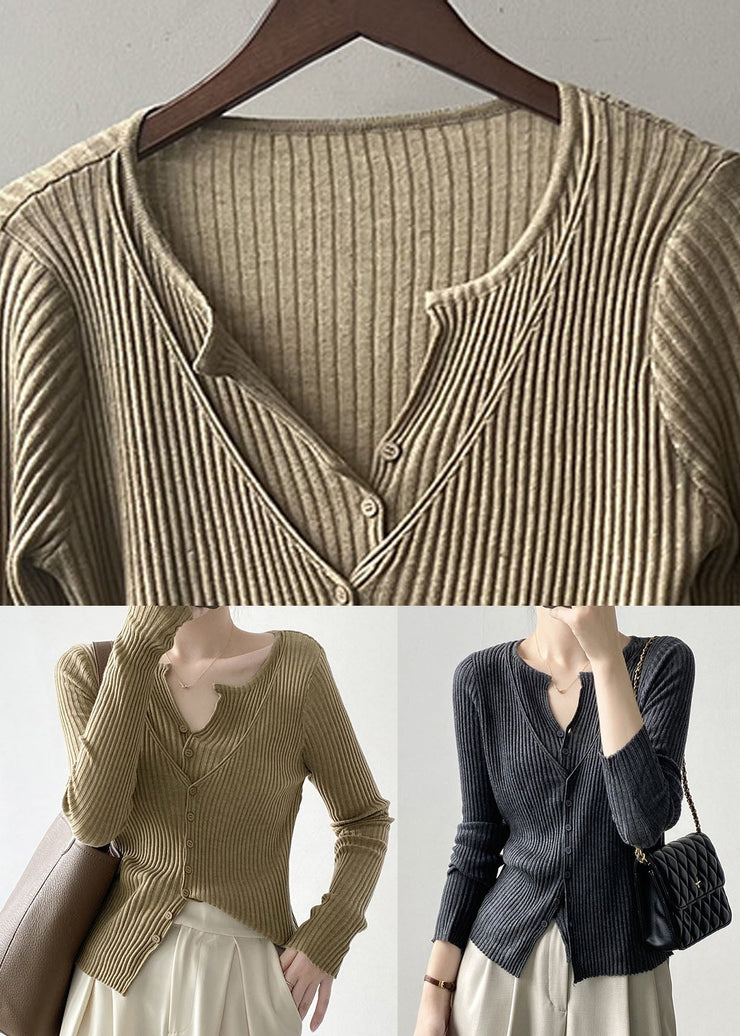 Black V Neck Fake Two Pieces Knit Cardigans Long Sleeve