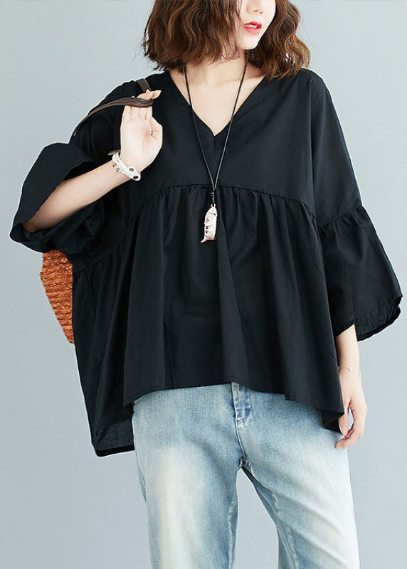 Green V Neck Patchwork Asymmetrical Design Fall Top Three Quarter sleeve