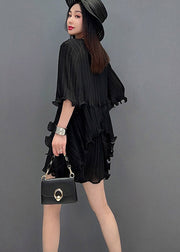 Black V Neck Ruffles Silk Top And Shorts Two Pieces Set Summer