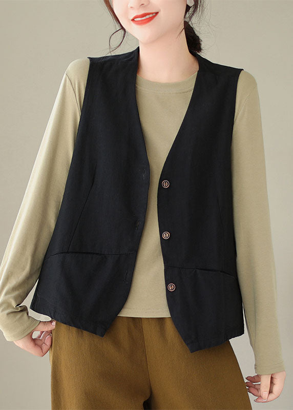 Black V Neck Thin Cotton Waistcoat Fall