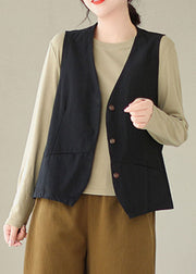 Black V Neck Thin Cotton Waistcoat Fall