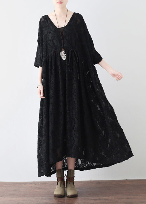 Black V Neck Tie Waist Chiffon Maxi Dresses Long Sleeve