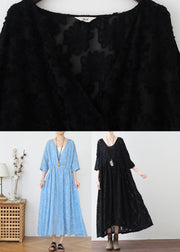 Black V Neck Tie Waist Chiffon Maxi Dresses Long Sleeve