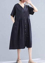 Black V Neck Wrinkled Cotton Long Dress Short Sleeve