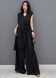 Black V Neck Wrinkled Pockets Silk Jumpsuits Pants Summer