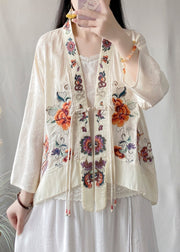 Black Vintage Linen Silk Cardigans Embroideried V Neck Tasseled Spring