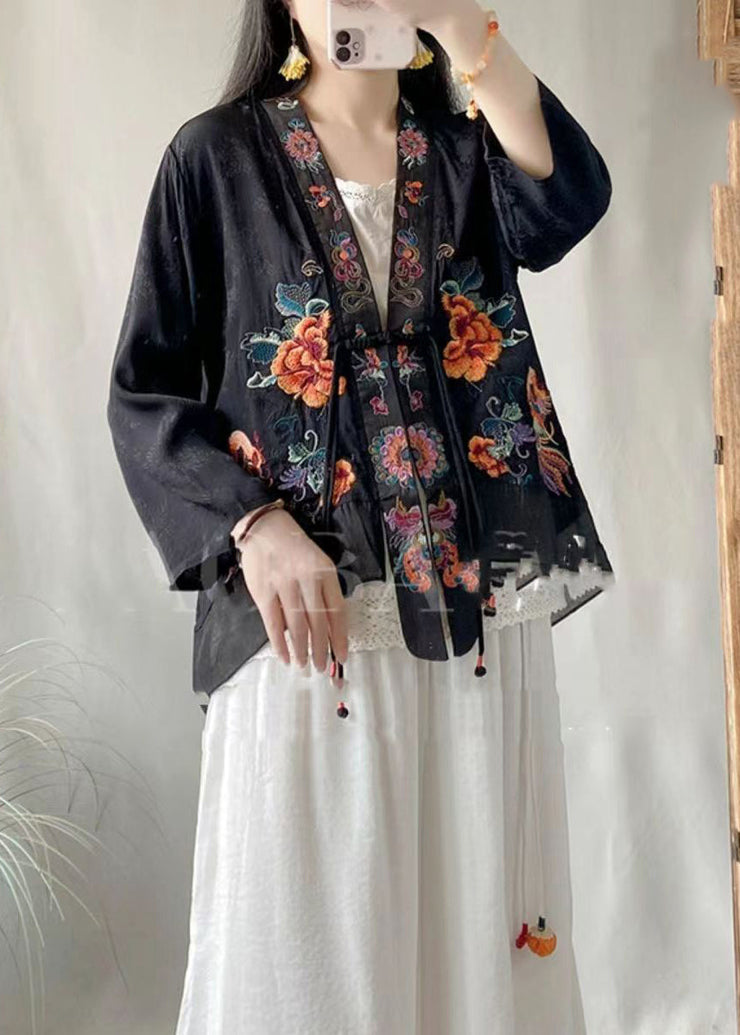 Black Vintage Linen Silk Cardigans Embroideried V Neck Tasseled Spring