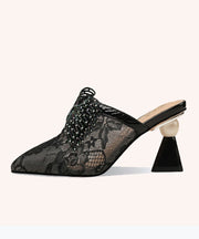 Black Vogue Tulle High Heel Pointed Toe Slide Sandals