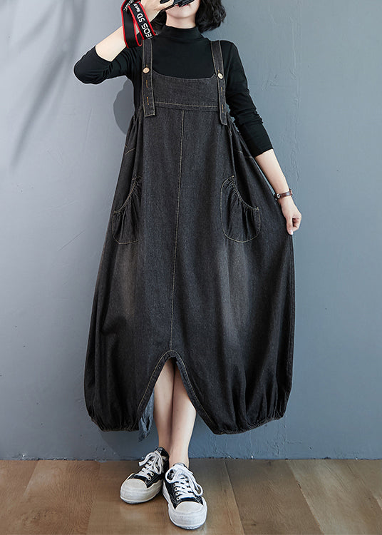 Black Wear On Both Sides Denim Jumpsuit Oversized Pockets Summer