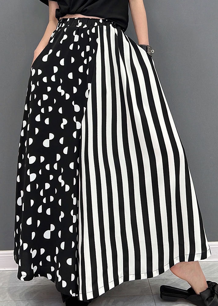 Black White Dot Striped Print Patchwork Wide Leg Pants High Waist Pockets Summer