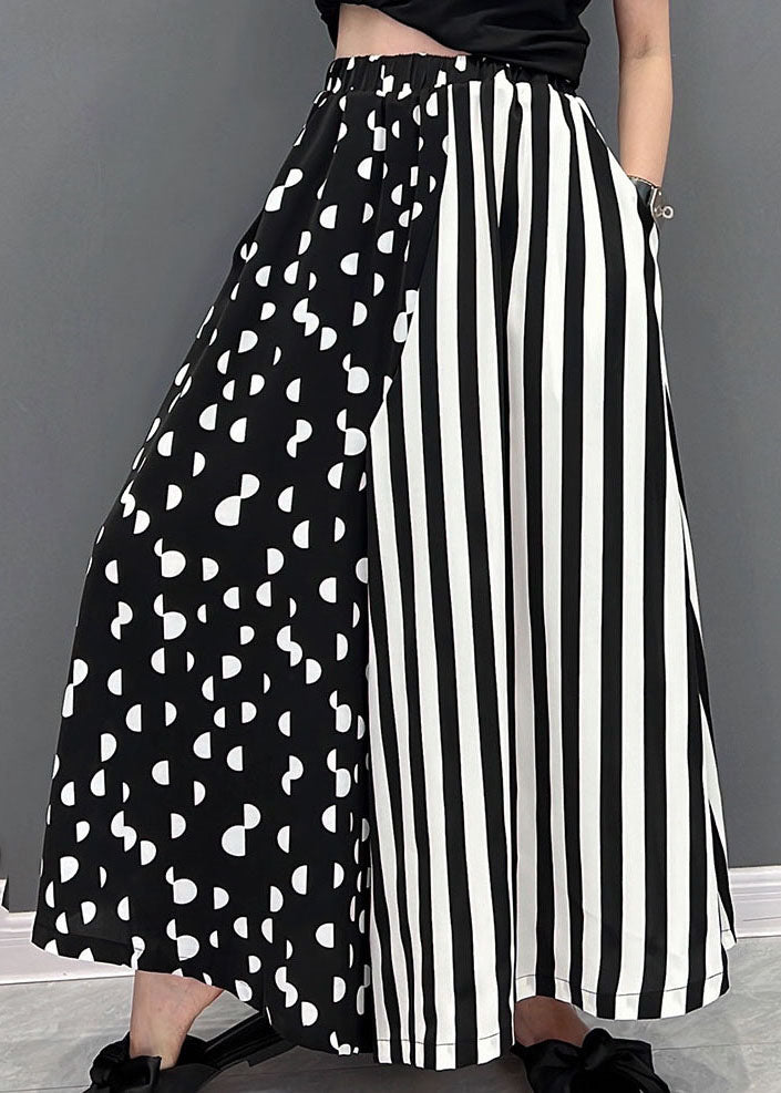 Black White Dot Striped Print Patchwork Wide Leg Pants High Waist Pockets Summer