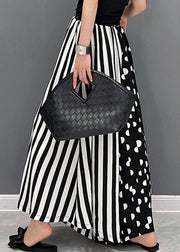 Black White Dot Striped Print Patchwork Wide Leg Pants High Waist Pockets Summer