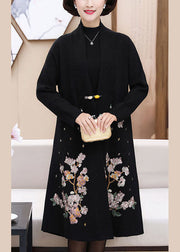 Black Woolen Trench Coats Embroideried Thick Long Sleeve