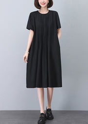 Black Wrinkled Cotton Dresses O Neck Short Sleeve
