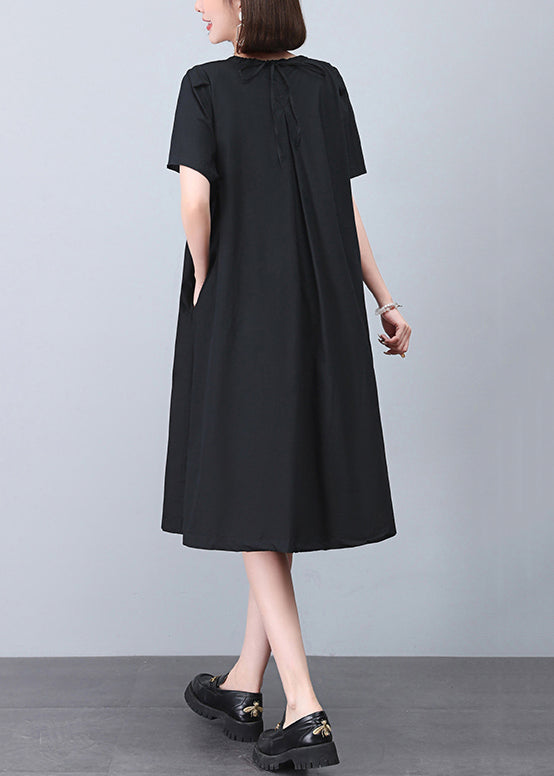 Black Wrinkled Cotton Dresses O Neck Short Sleeve