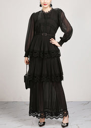 Black Wrinkled Lace Patchwork Chiffon LongDresses Fall