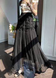 Black Wrinkled Patchwork Tulle Skirt High Waist Spring