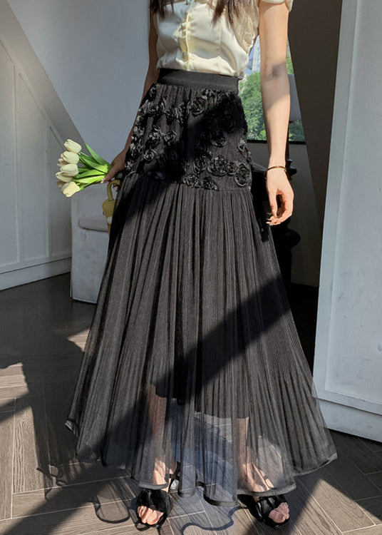 Black Wrinkled Patchwork Tulle Skirt High Waist Spring