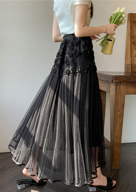 Black Wrinkled Patchwork Tulle Skirt High Waist Spring