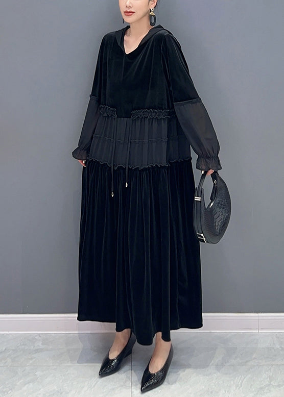 Black Wrinkled Patchwork Velour Long Dress Hooded Long Sleeve