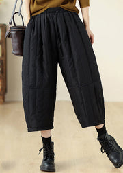 Black Wrinkled Pockets Fine Cotton Filled Crop Wide Leg Pants Winter