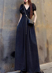 Black Wrinkled Pockets Patchwork Cotton Maxi Dresses V Neck Short Sleeve