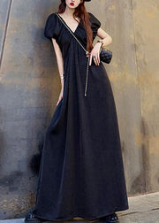 Black Wrinkled Pockets Patchwork Cotton Maxi Dresses V Neck Short Sleeve