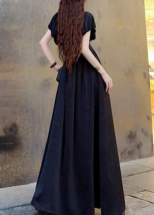 Black Wrinkled Pockets Patchwork Cotton Maxi Dresses V Neck Short Sleeve