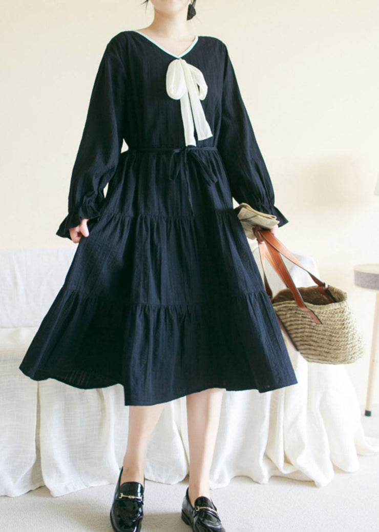 Black Wrinkled Solid Cotton Long Dress Long Sleeve