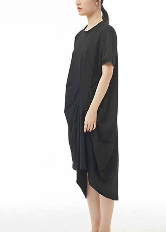 Black Wrinkled Solid Cotton Long Dress Short Sleeve