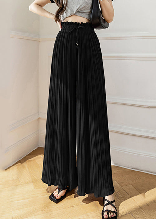 Black Wrinkled Thin Chiffon Wide Leg Pants Elastic Waist