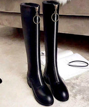 Black Zippered Cowhide Leather Boho Knee boots