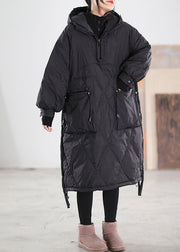 Black Zippered Drawstring Maxi Hooded Duck Down Down Coats Winter