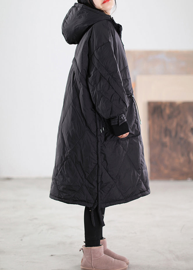 Black Zippered Drawstring Maxi Hooded Duck Down Down Coats Winter