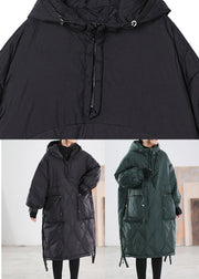 Black Zippered Drawstring Maxi Hooded Duck Down Down Coats Winter