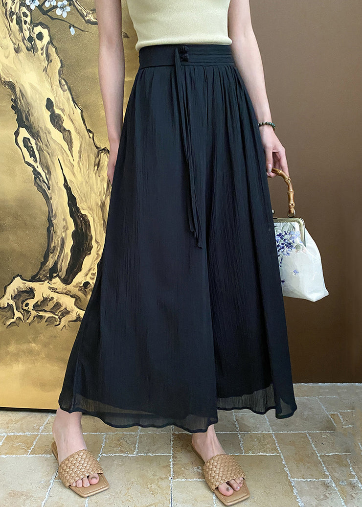 Black Zippered Pockets Cotton Summer Wide Leg Pants