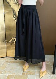 Black Zippered Pockets Cotton Summer Wide Leg Pants