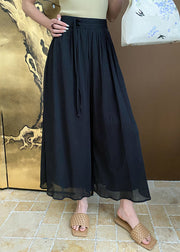 Black Zippered Pockets Cotton Summer Wide Leg Pants