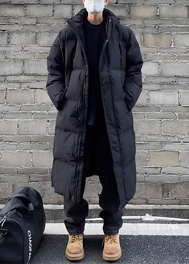 Black Zippered Pockets Men Parka Hooded Winter