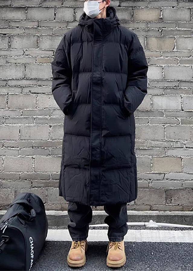 Black Zippered Pockets Men Parka Hooded Winter