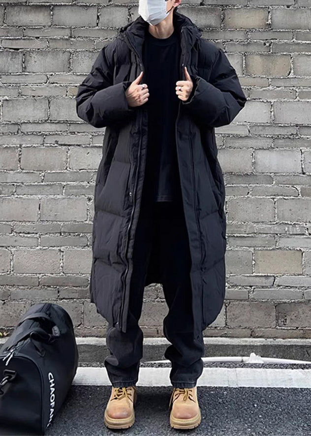 Black Zippered Pockets Men Parka Hooded Winter