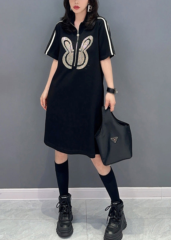 Black Zippered Rabbit Print Mid Dresses Short Sleeve