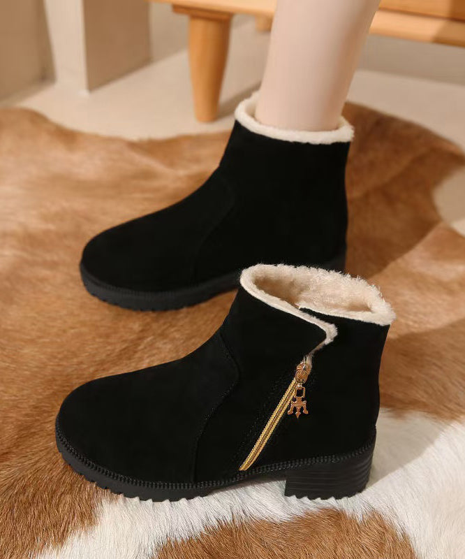 Black Zippered Splicing Chunky Boots Fuzzy Wool Lined