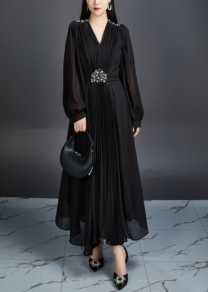 Black Zircon Chiffon Long Dresses V Neck Long Sleeve