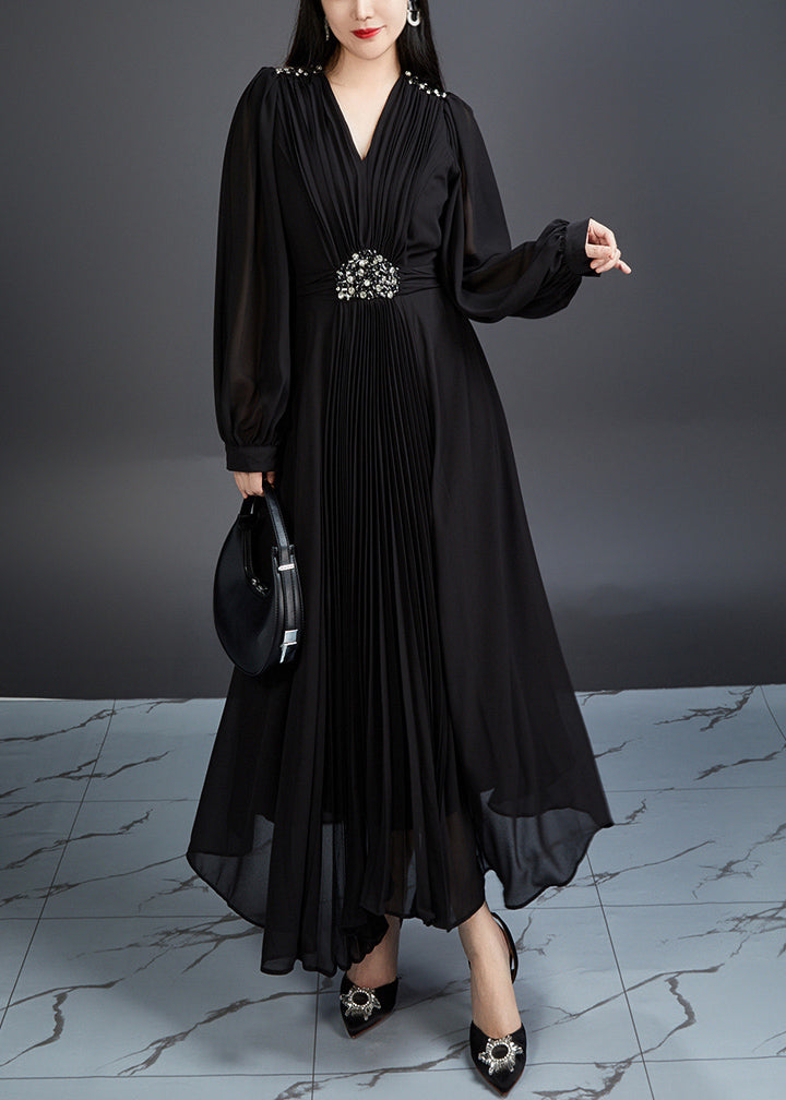 Black Zircon Chiffon Long Dresses V Neck Long Sleeve