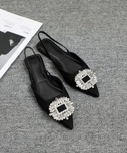 Black Zircon Faux Leather Comfy Walking Sandals Pointed Toe