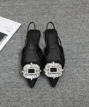 Black Zircon Faux Leather Comfy Walking Sandals Pointed Toe